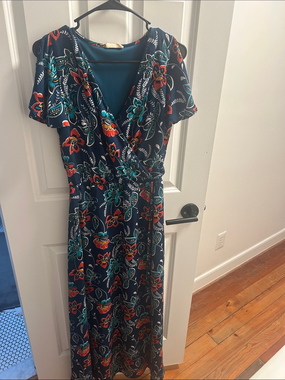 Crescent Navy Maxi Dress with Teal & Red Floral Print